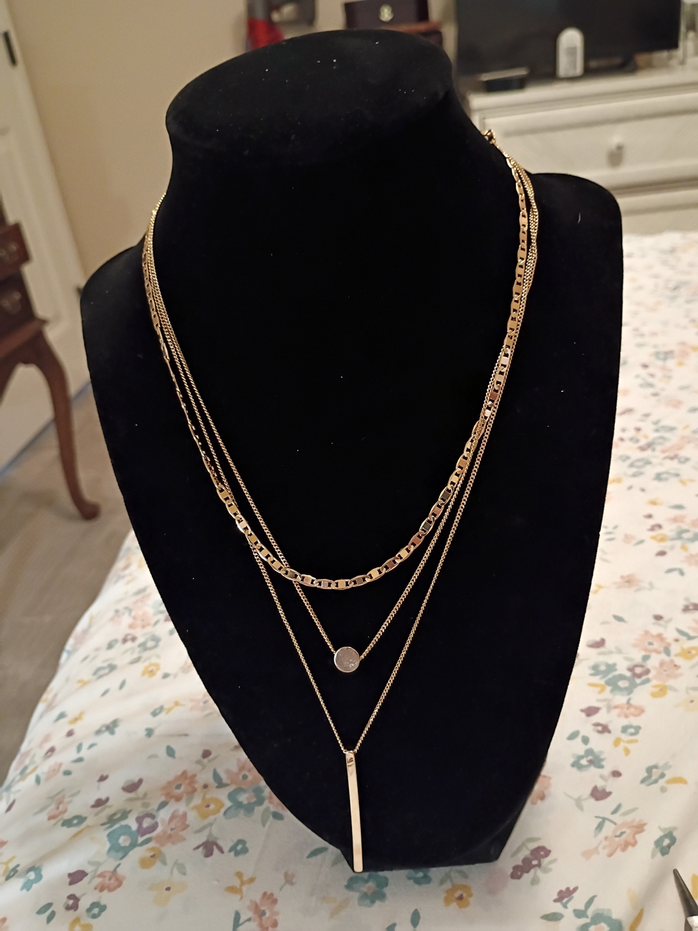 Triple-Layer Gold Pendant Necklace with Bar & Disc